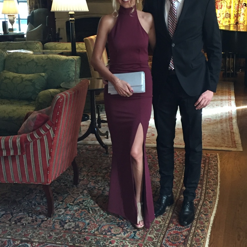 Missguided Burgundy Halter Neck High Slit Evening Gown